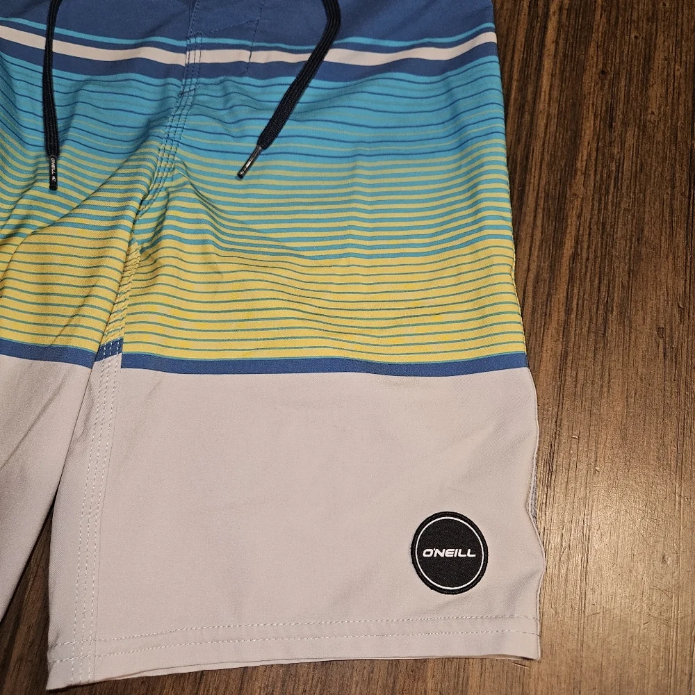O'Neill 23 hybrid board shorts swim trunks striped surf beach blue yellow